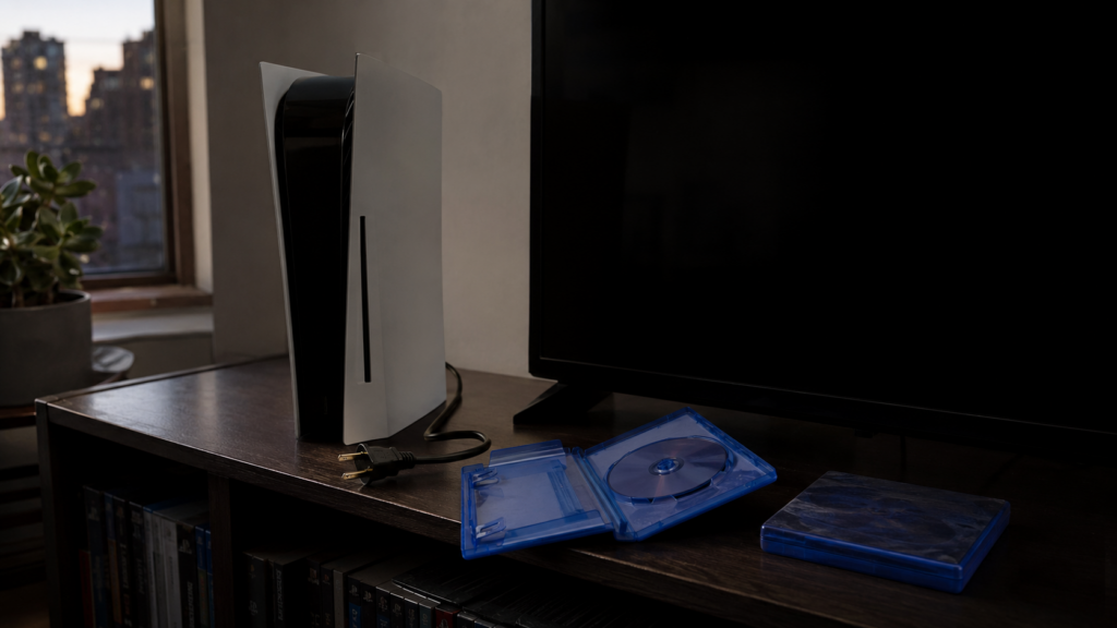 Consola PlayStation apagada junto a juegos físicos durante la convocatoria de #PSBlackout.