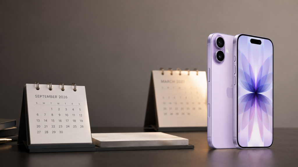 iPhone 17 junto a calendarios de septiembre de 2026 y marzo de 2027