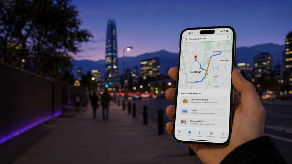 Persona utiliza las nuevas funciones de inteligencia artificial de Google Maps en Santiago.