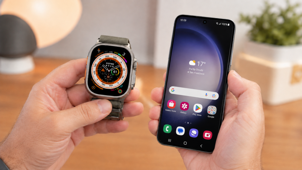 ¿CUÁNTO DURA REALMENTE UN DISPOSITIVO PRÉMIUM? APPLE WATCH ULTRA Y GALAXY S23 LLEGAN AL FINAL DE SUS GRANDES ACTUALIZACIONES Apple Watch Ultra y Samsung Galaxy S23 representados al final de sus ciclos de grandes actualizaciones.