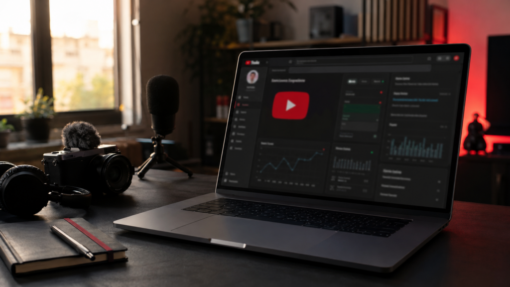 Computador con YouTube Studio en un espacio de creación de contenido