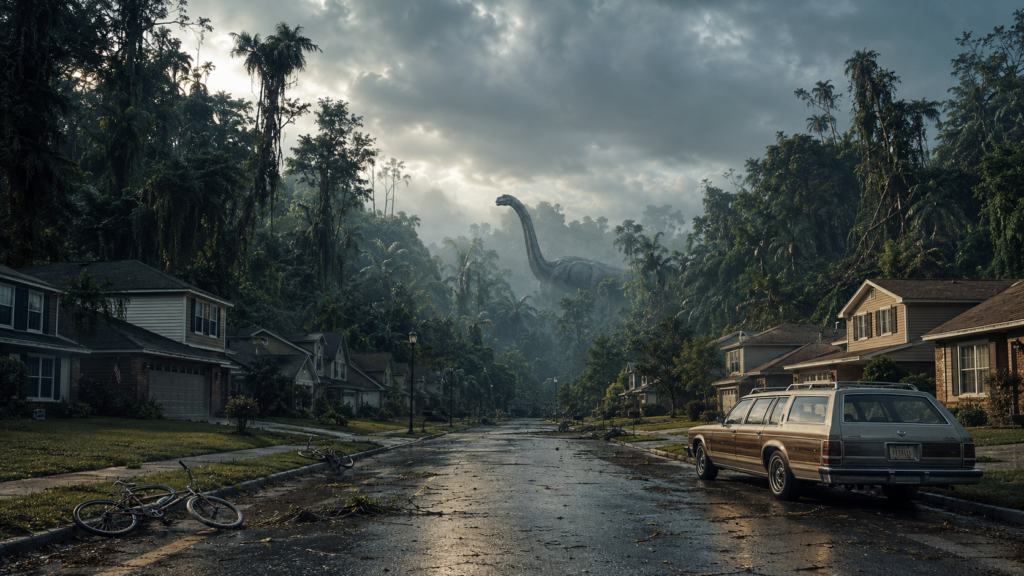 Calle residencial rodeada de vegetación prehistórica y un dinosaurio