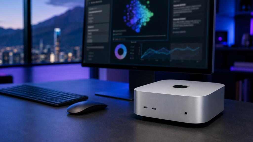El Mac mini estrena el M6 y se posiciona como el computador de escritorio pensado para inteligencia artificial Mac mini con chip M6 junto a una pantalla que ejecuta un modelo local de inteligencia artificial