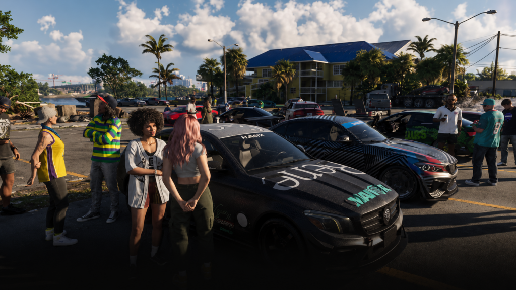 Reunión de autos personalizados en una calle de Vice City en GTA 6