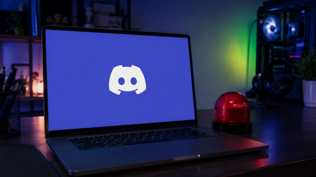 Brasil ordena a Discord suspender sus transmisiones en vivo por fallas en la protección de menores Computador con el símbolo de Discord junto a una luz de transmisión