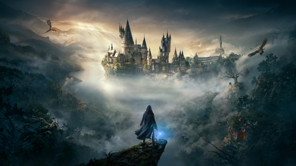 Estudiante observa el castillo de Hogwarts desde un risco