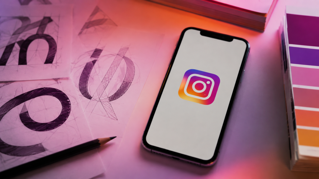Teléfono con el ícono de Instagram sobre una mesa con pruebas de diseño tipográfico