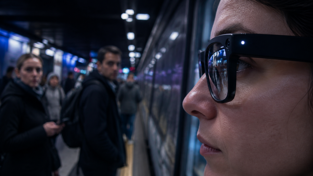 Persona utiliza lentes inteligentes con cámara encendida frente a otros pasajeros en una estación de metro.