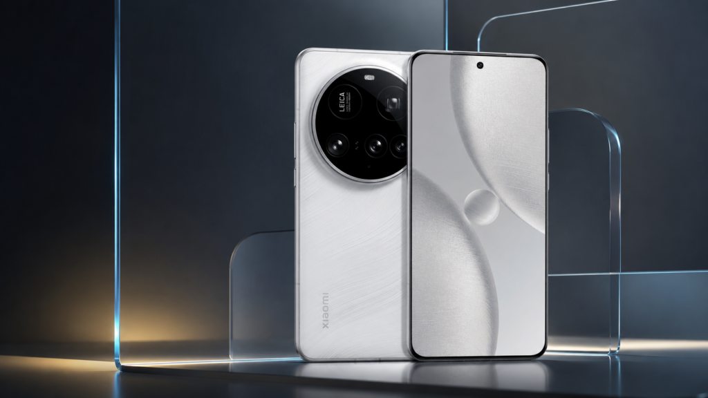 Xiaomi 15 Ultra blanco frente a paneles translúcidos que representan HyperOS 4