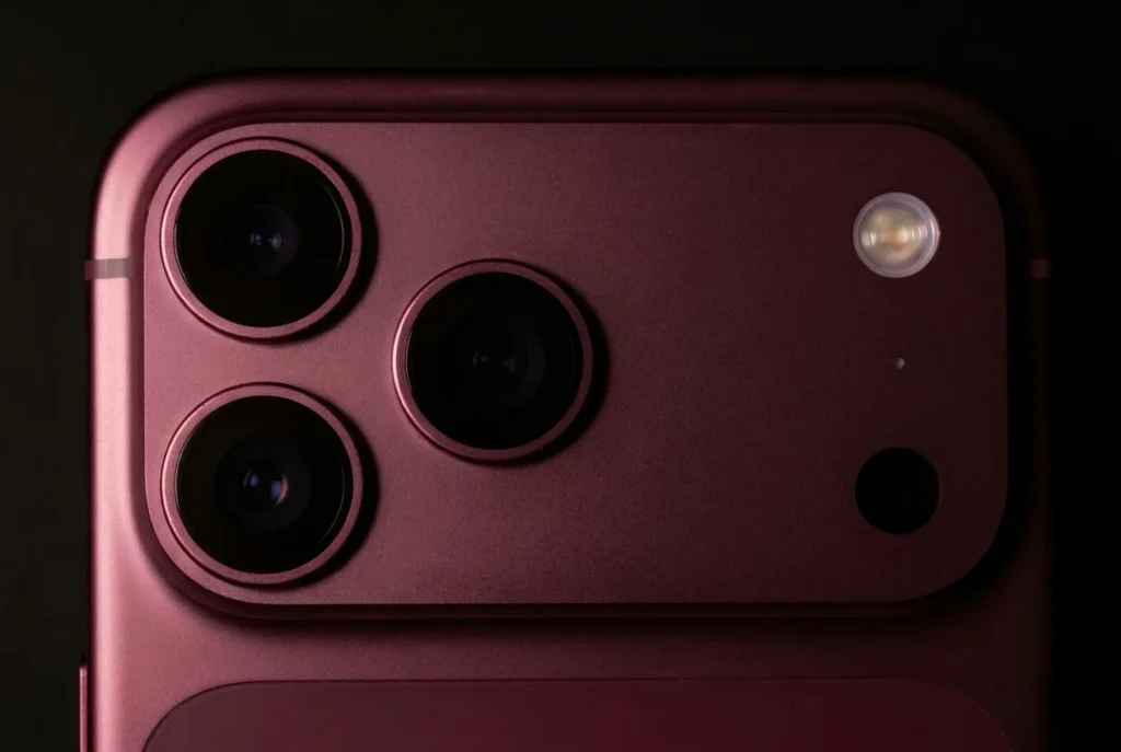 Módulo de tres cámaras y flash de un iPhone 18 Pro color burdeos sobre fondo negro