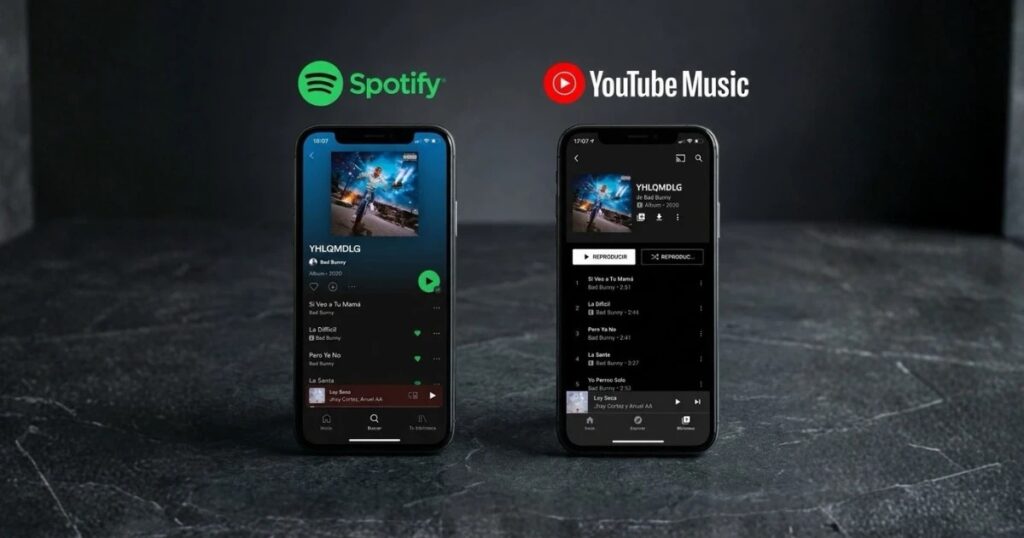 Funciones de YouTube Music: dos celulares lado a lado, uno con Spotify y otro con YouTube Music, sobre una superficie oscura